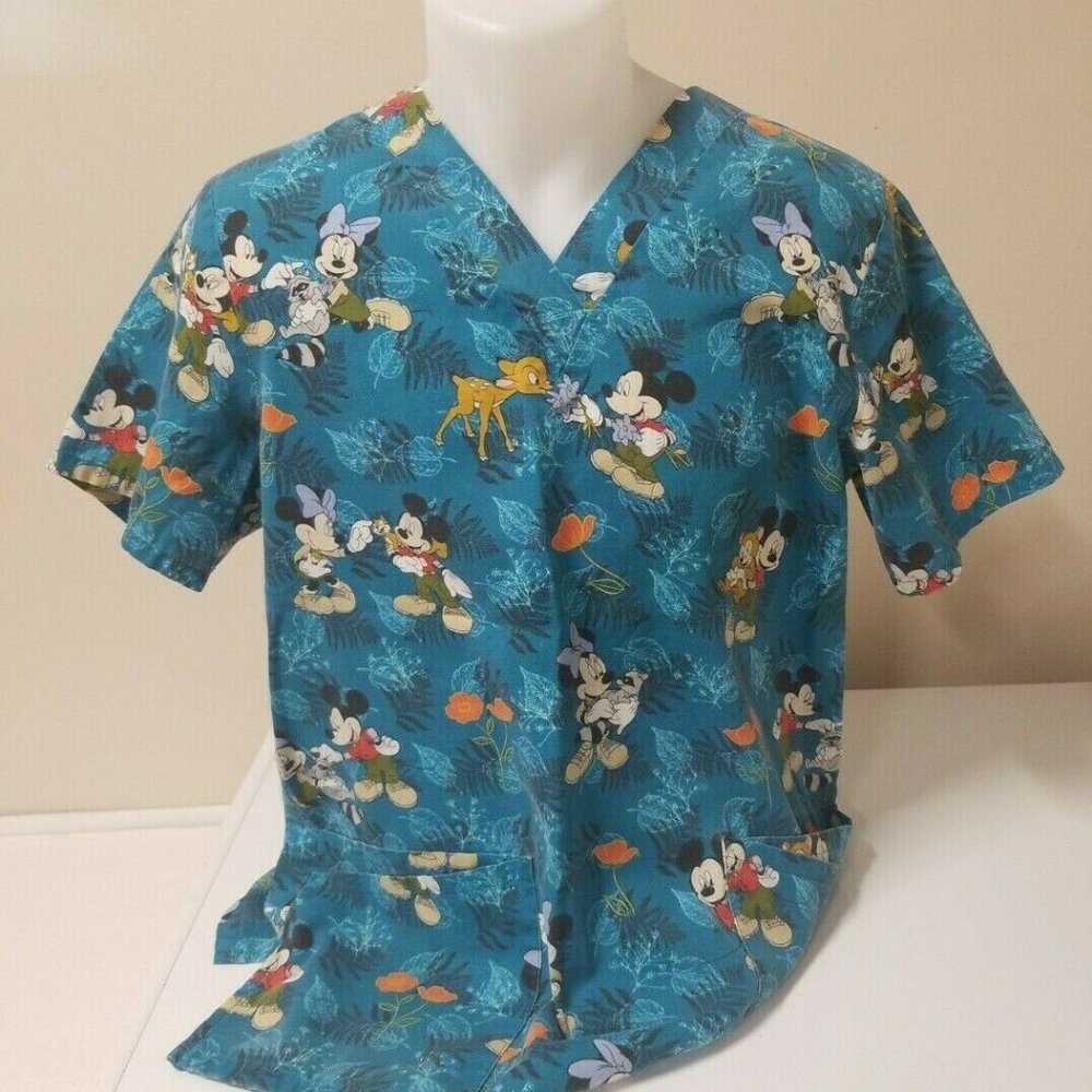 Disney Nursing Scrubs Mickey Minnie Bambi Blue V